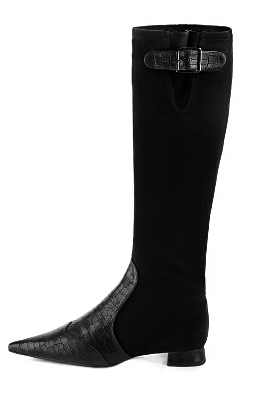 Satin black women's knee-high boots with buckles. Pointed toe. Flat flare heels. Made to measure. Profile view - Florence KOOIJMAN